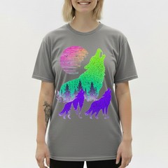 Wolves Howling Moon Forest Silhouette Neon Synthwave Retro Graphic Tee