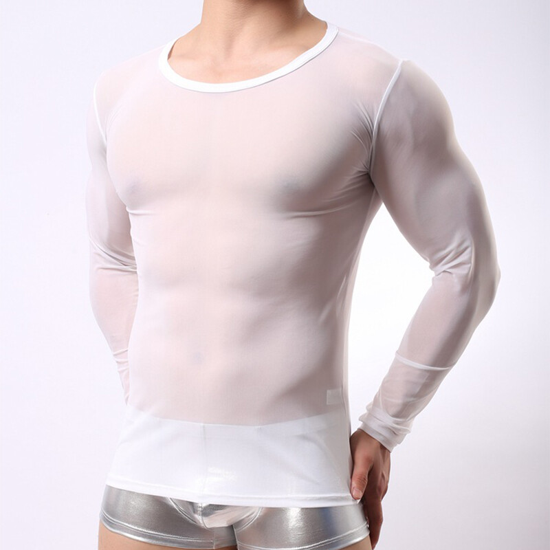 Mens Undershirt Nylon Mesh Men See Through Sheer Long Sleeve Sexy T-shirt gallery