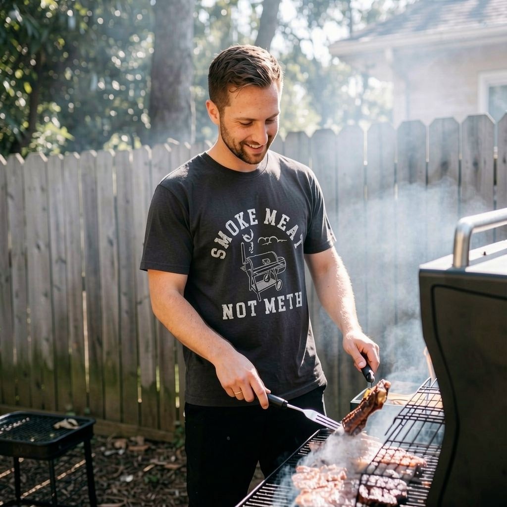 Mens Smoke Meat Not Meth T Shirt Funny Barbeque Cooking Grilling Joke Tee For gallery
