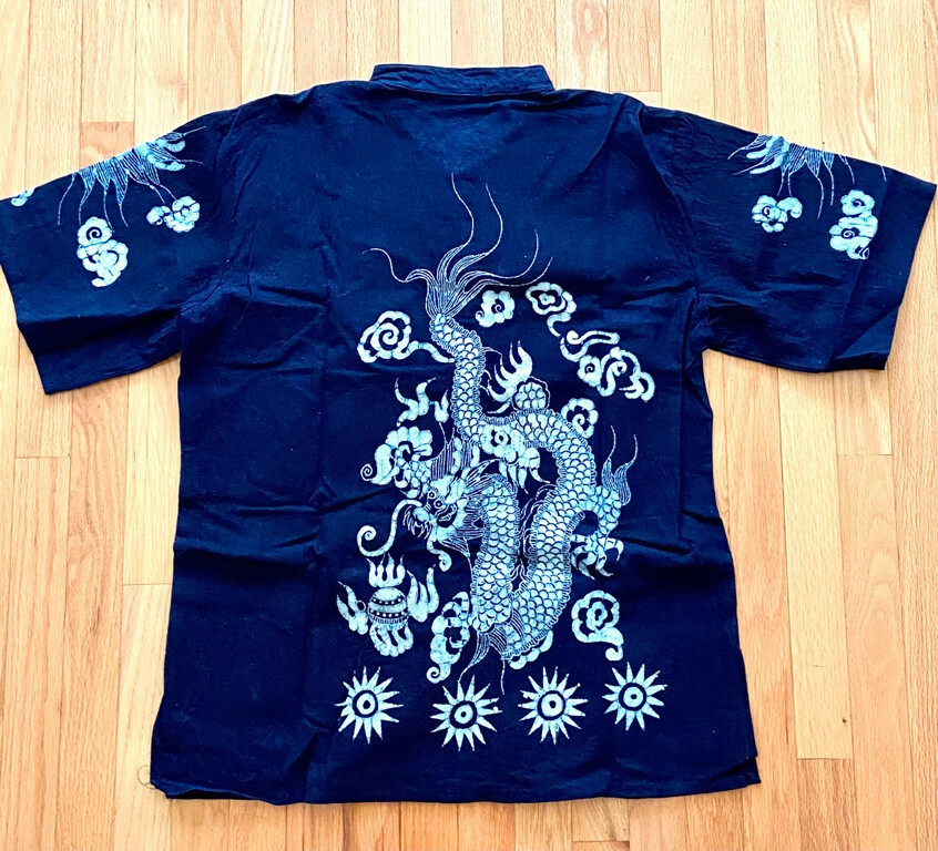 Rare Artistic Chinese Wax Printing Men's Top Double Dragon Cotton Stand Collar  gallery