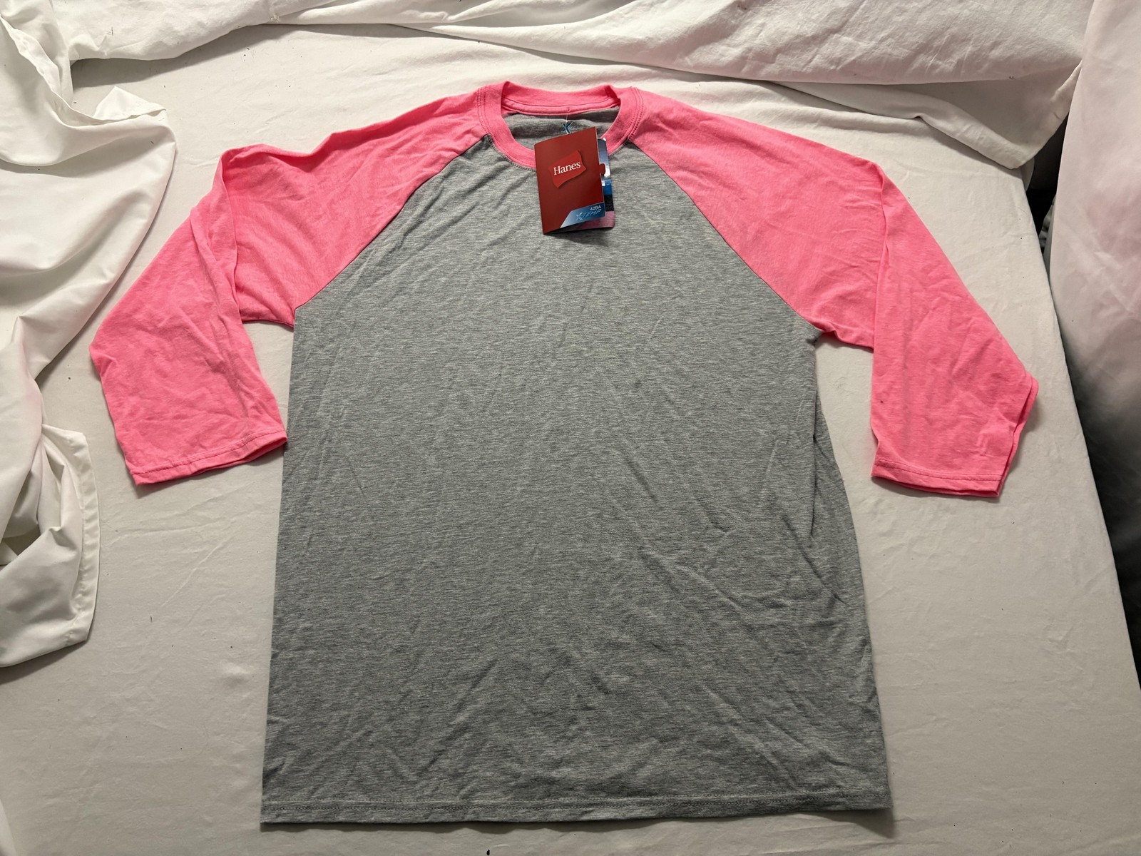 Hanes Shirt Mens Large Gray Pink X-Temp 3/4 Sleeve Performance Baseball Tee
