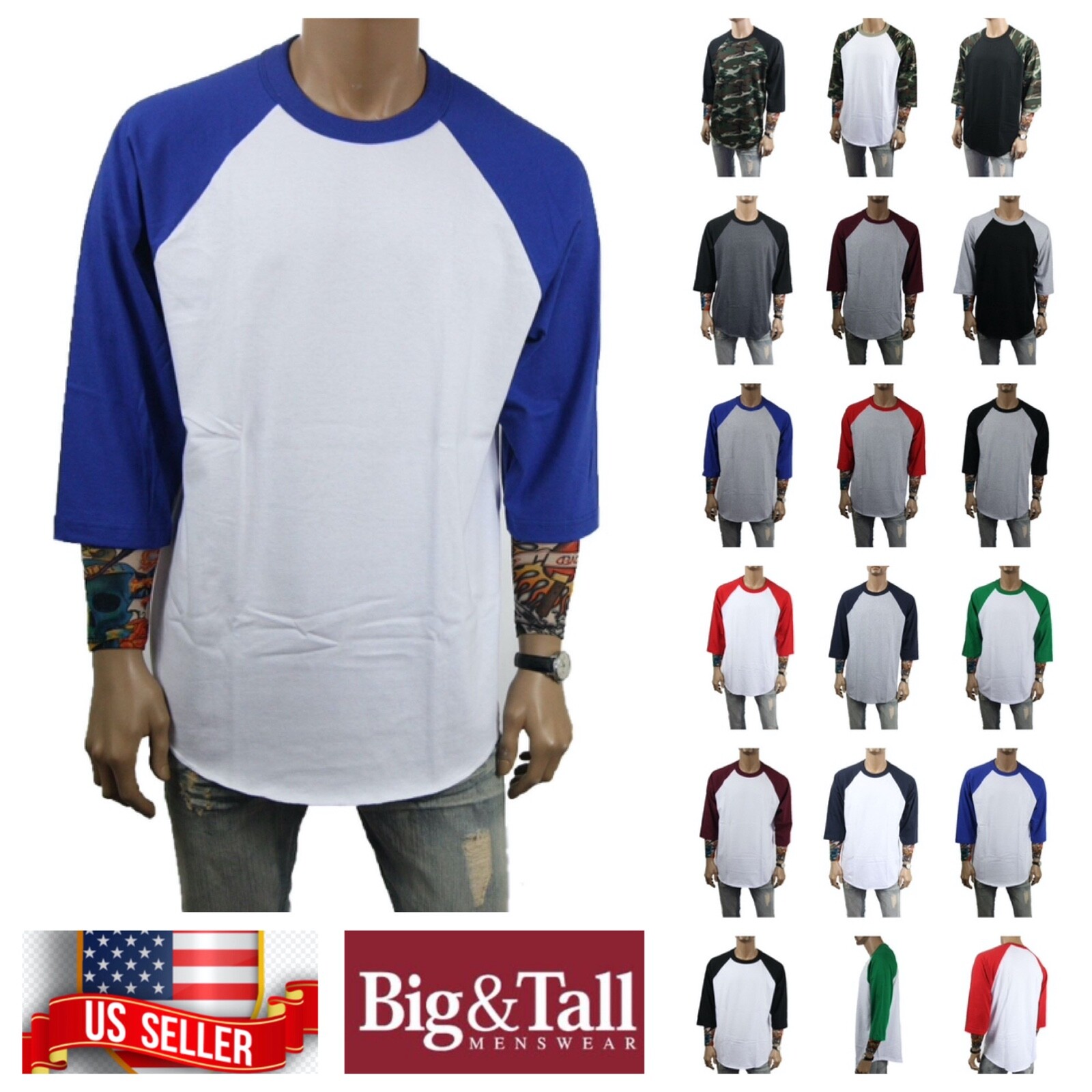 Men S-3XL Baseball Plain T-Shirt Lot 3/4 Sleeve Raglan Crew Neck Sports Jersey gallery