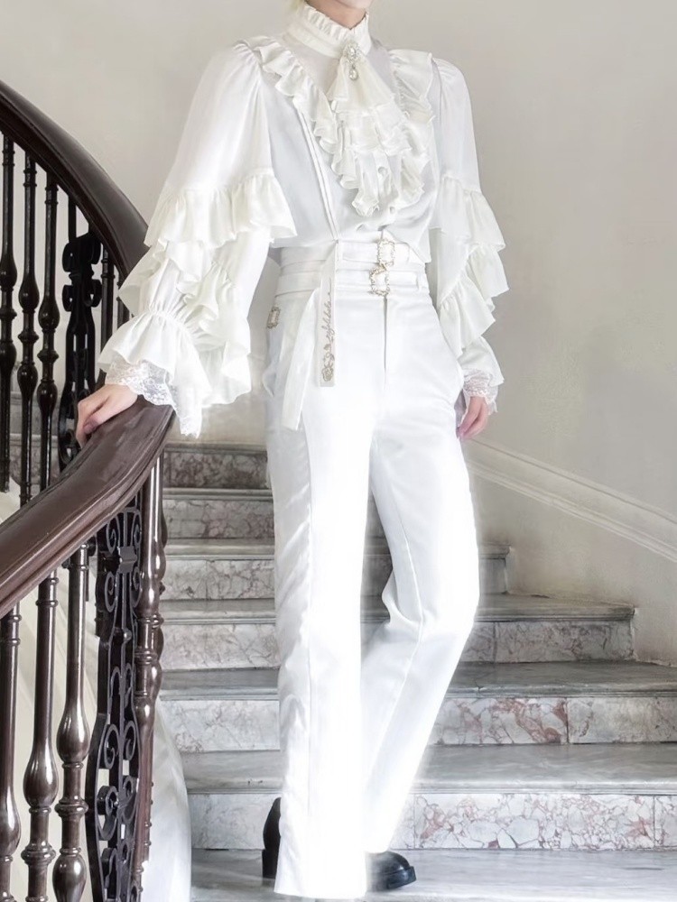 Men's White Gothic-style shirt long-sleeved Top unisex blouse gallery