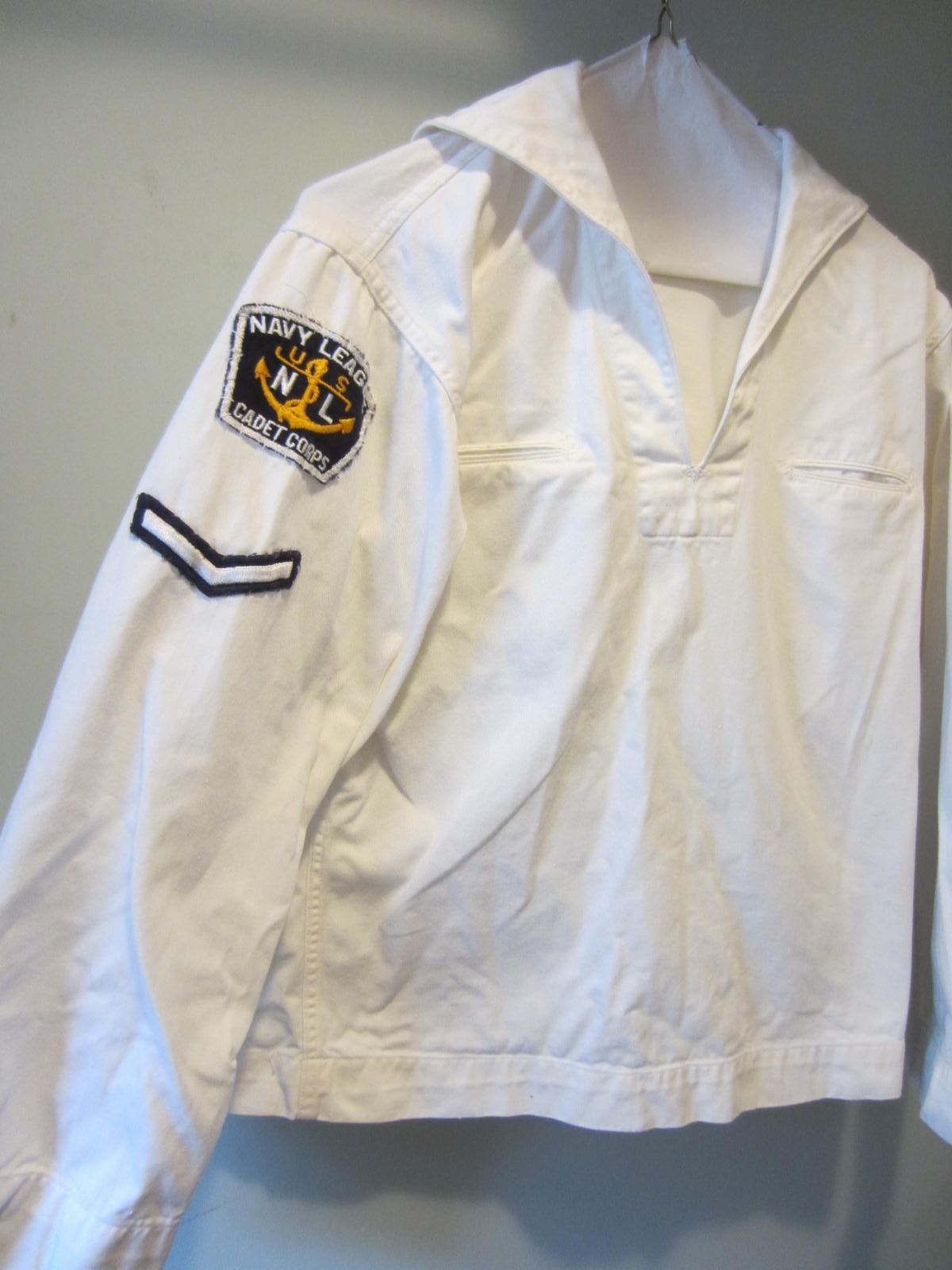 Vintage US NAVAL SEA CADET CORPS White Shirt Military w Patches Youth Size