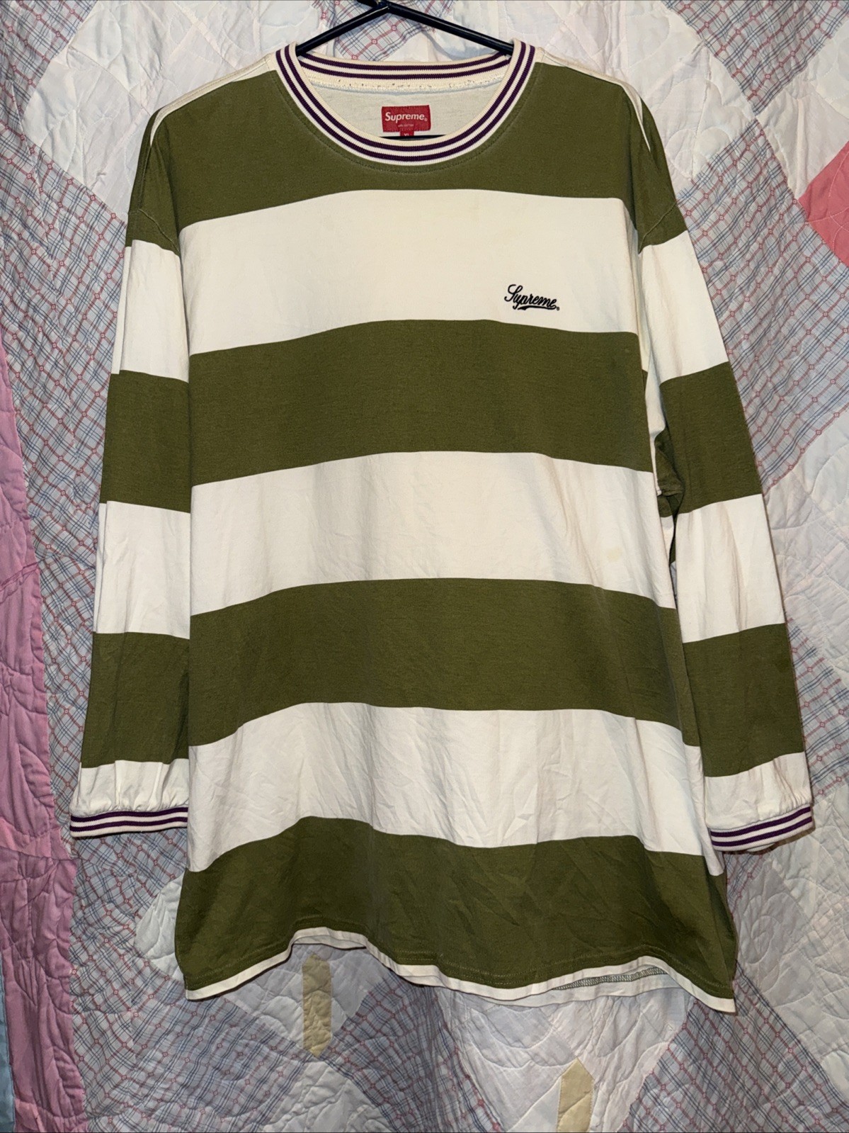 Supreme Printed Stripe L/S Top in olive green from the Fall/Winter 2019 Men’s XL gallery