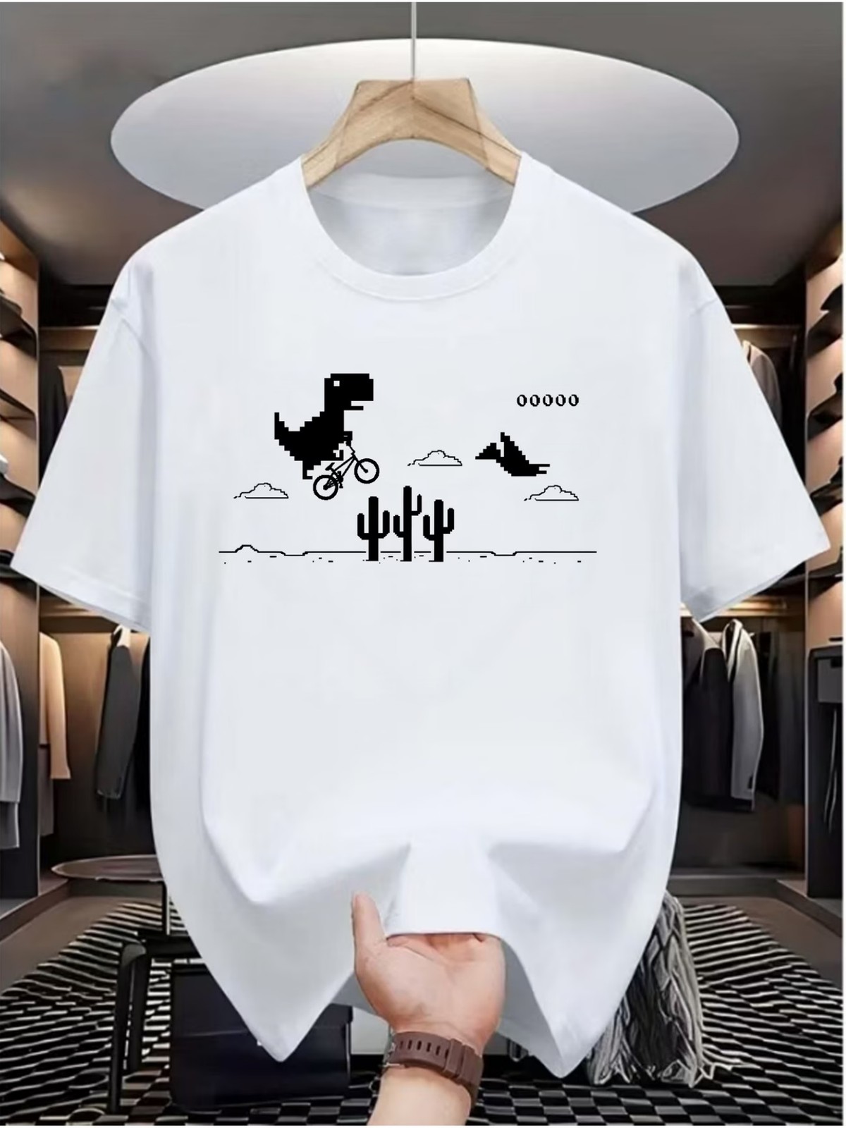 Dinosaur Riding And Cactus Desert Night Design Print, Casual Short Sleeve TShirt gallery