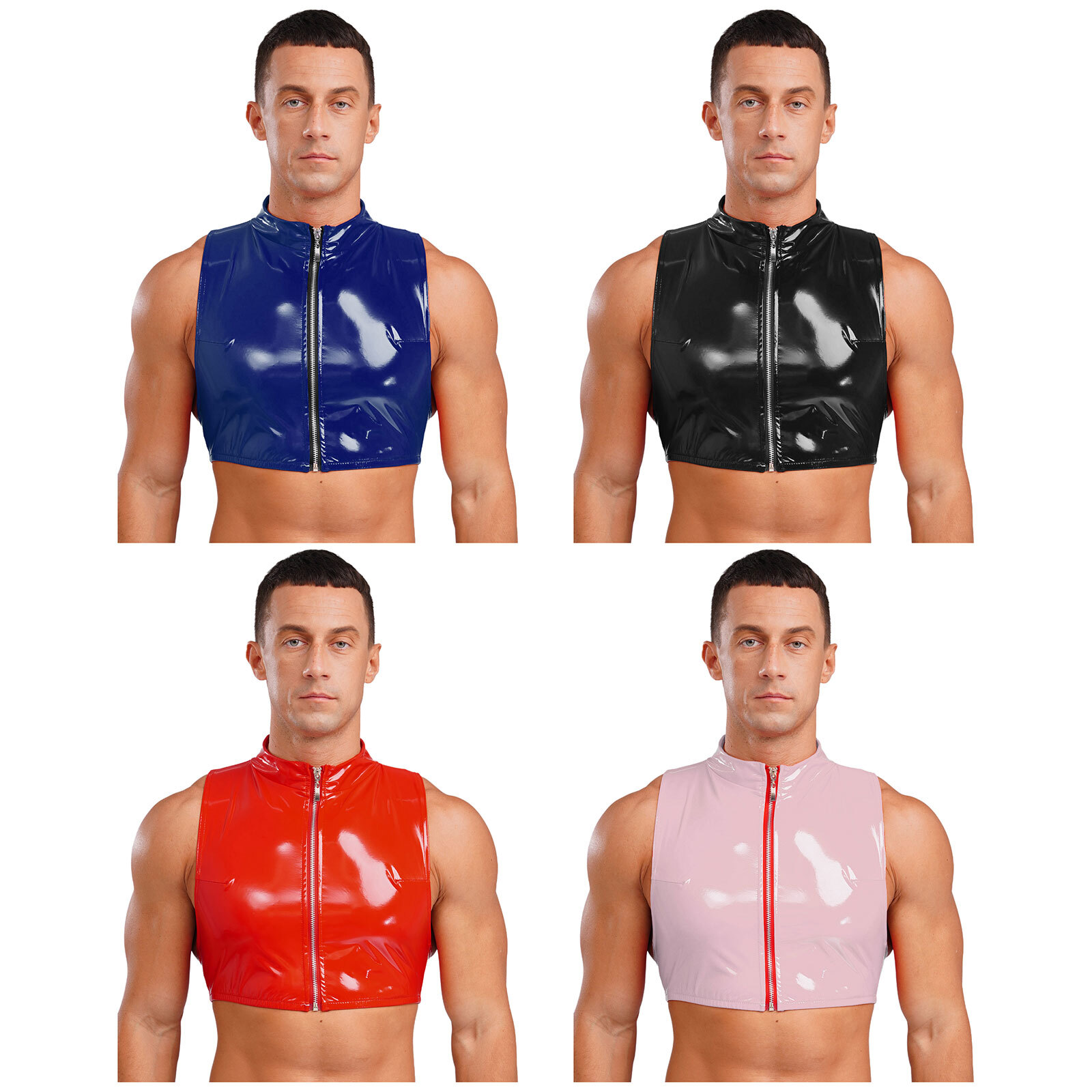 Mens Glossy Cropped Vest Wet Look Patent Leather Crop Top Shirt Clubwear Tee gallery