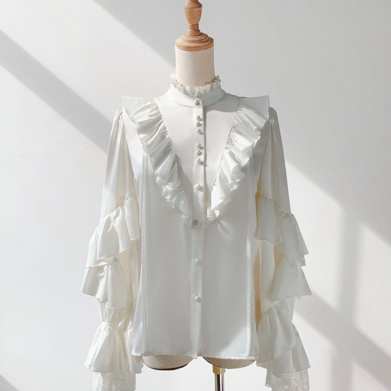 Men's White Gothic-style shirt long-sleeved Top unisex blouse gallery