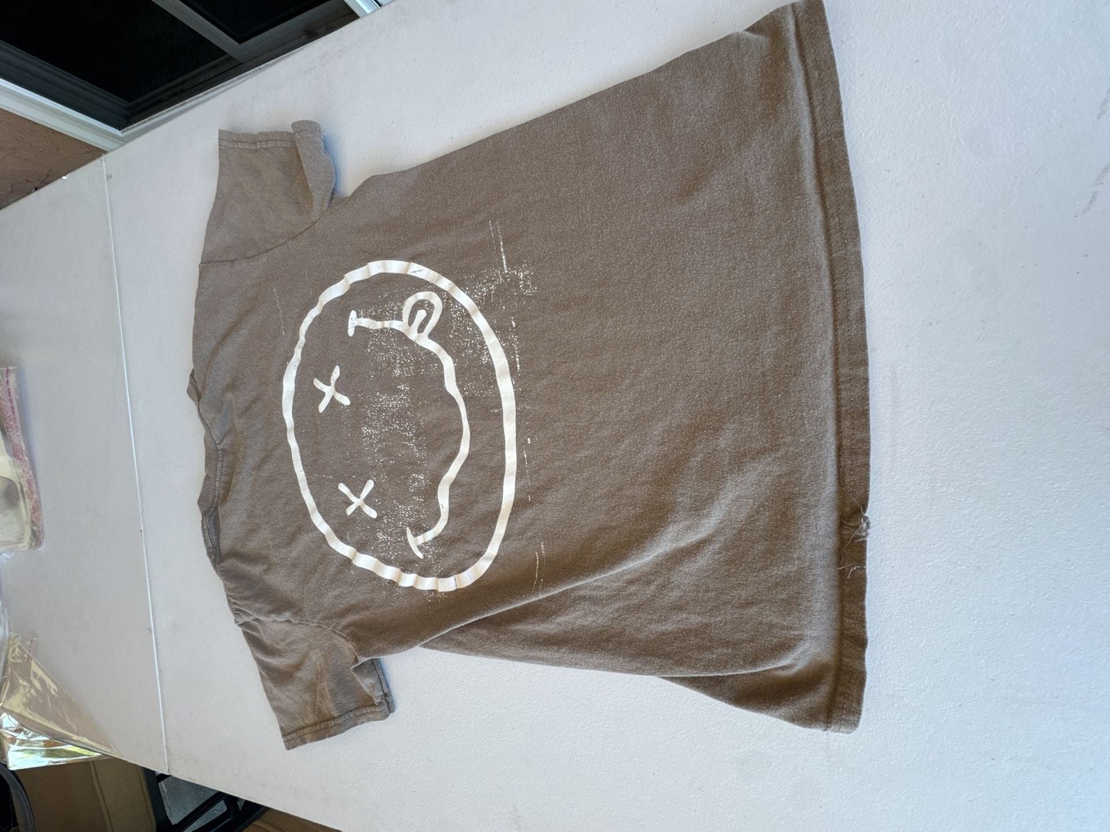 Nirvana Brown Two-Sided Graphic T-Shirt Stencil Logo Smiley Face. Reprint with a gallery