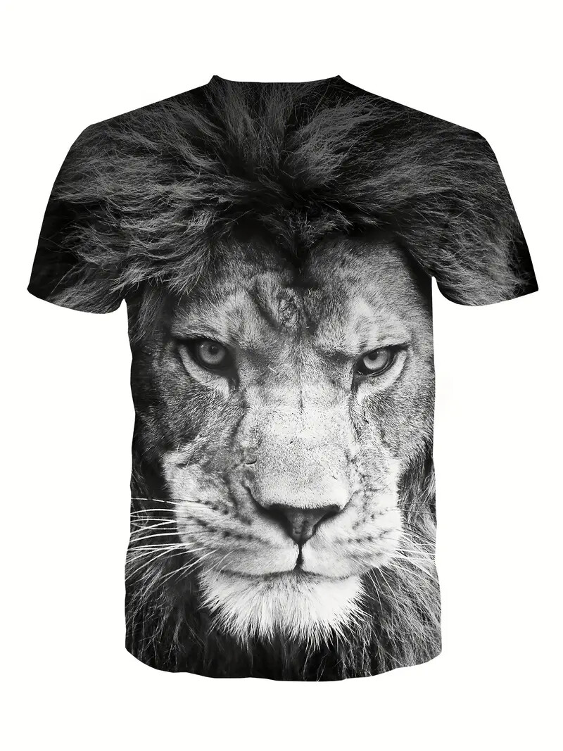 T Shirt Men Black White Lion Face Graphic Print Fashion Wicking Tee Short Sleeve gallery