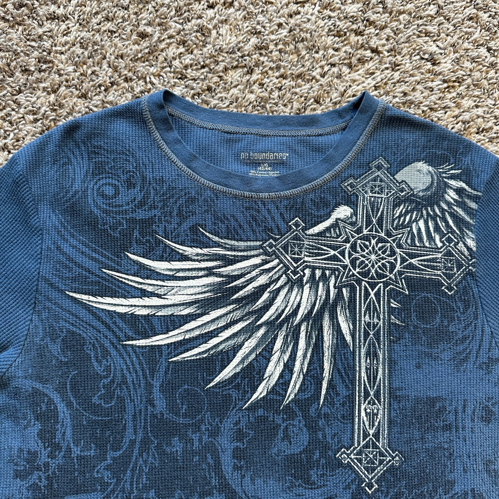 Vintage No Boundaries Thermal Shirt Size L Blue Y2K Skull Cross Wings Cyber Punk gallery