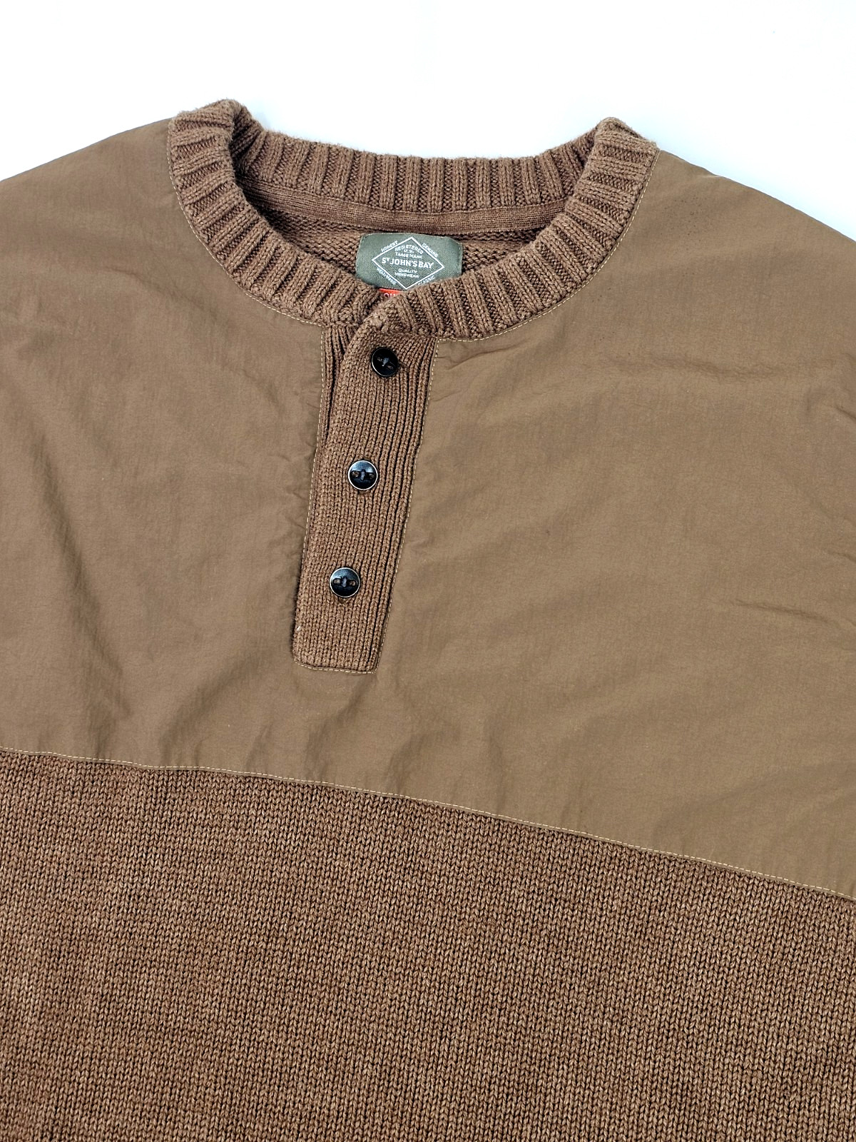 St John's Bay Outdoor Hybrid Knit w Nylon Yoke Pullover Sweater Men L Brown gallery