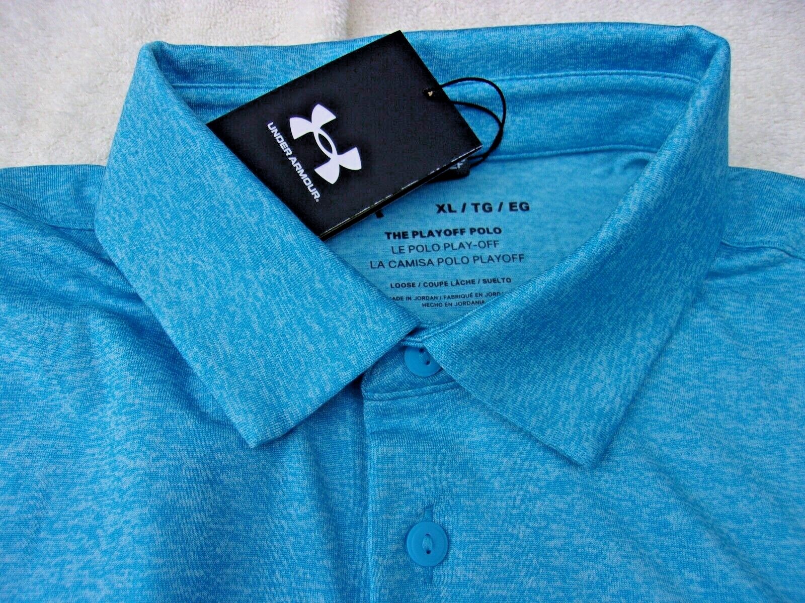 NWT Under Armour Loose Fit Playoff polo, men's L, XL, blue, bright green stripe gallery