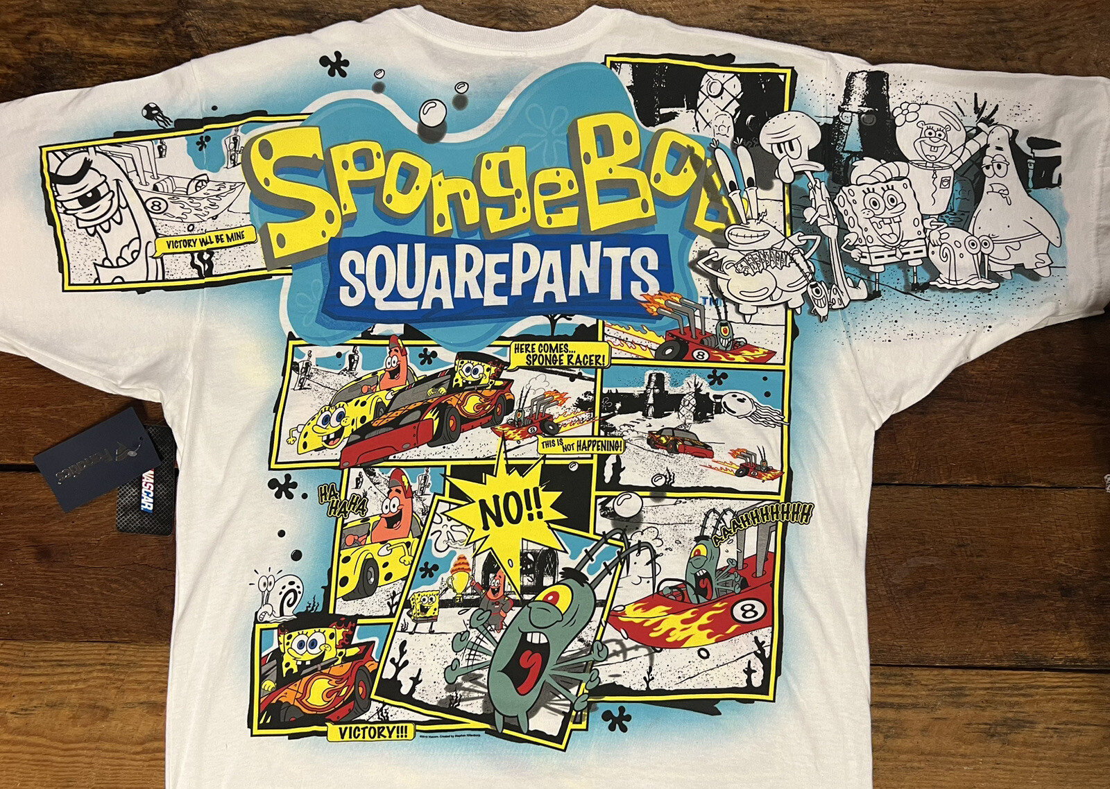 SpongeBob Squarepants AOP NASCAR Shirt Comic Strip Tee Adult LG Y2K HTF Sealed!! gallery