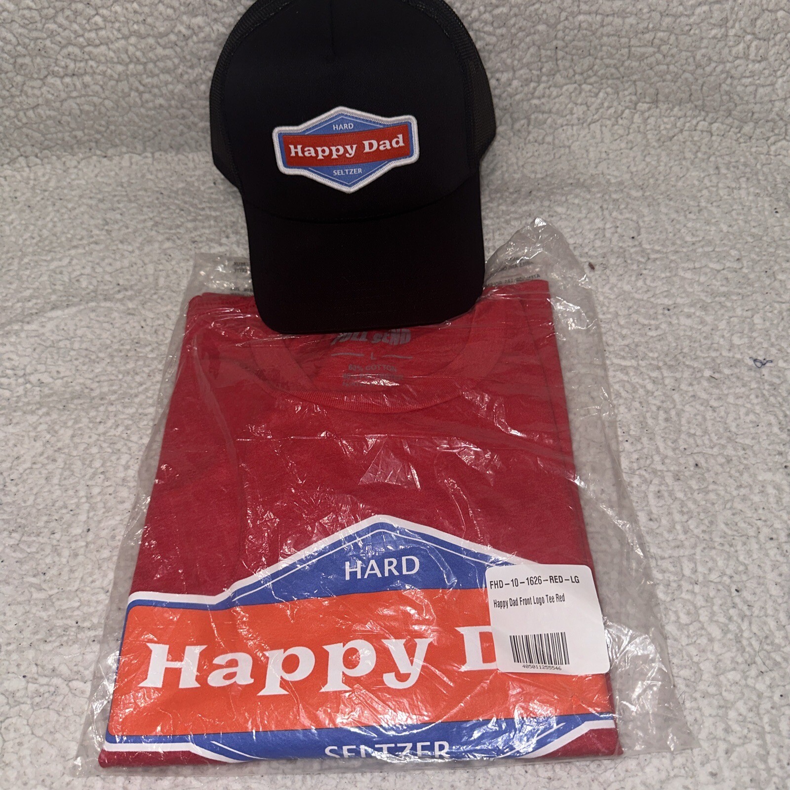 HAPPY DAD SELTZER FRONT LOGO T-SHIRT RED UNISEX ADULTS LARGE & TRUCKER HAT NEW.