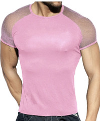 💖👚 Pink Mesh See-Through Tee Patchwork Short Sleeve Rave Club Festival Top L