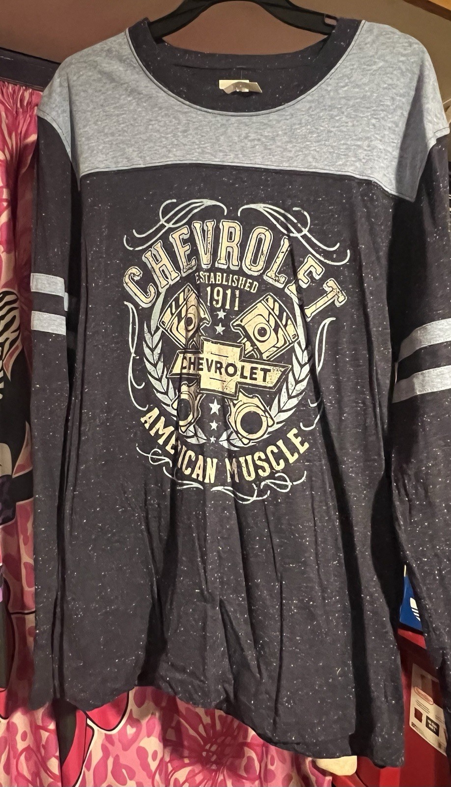 GM Chevrolet American Muscle Men’s Long Sleeve Crew Graphic Tee Black/Gray XL