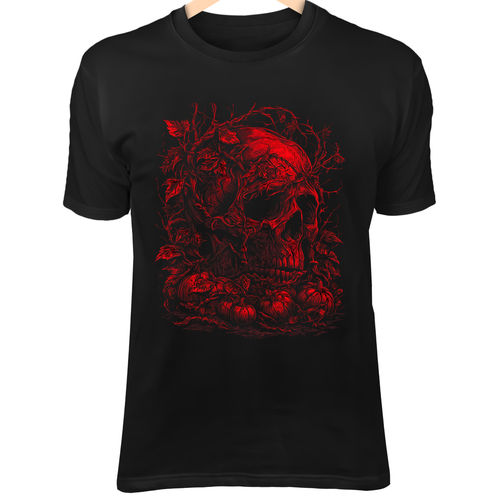 Gothic Skull Art – Thorny Rose Vines, Glowing Pumpkins & Red Halloween Glow