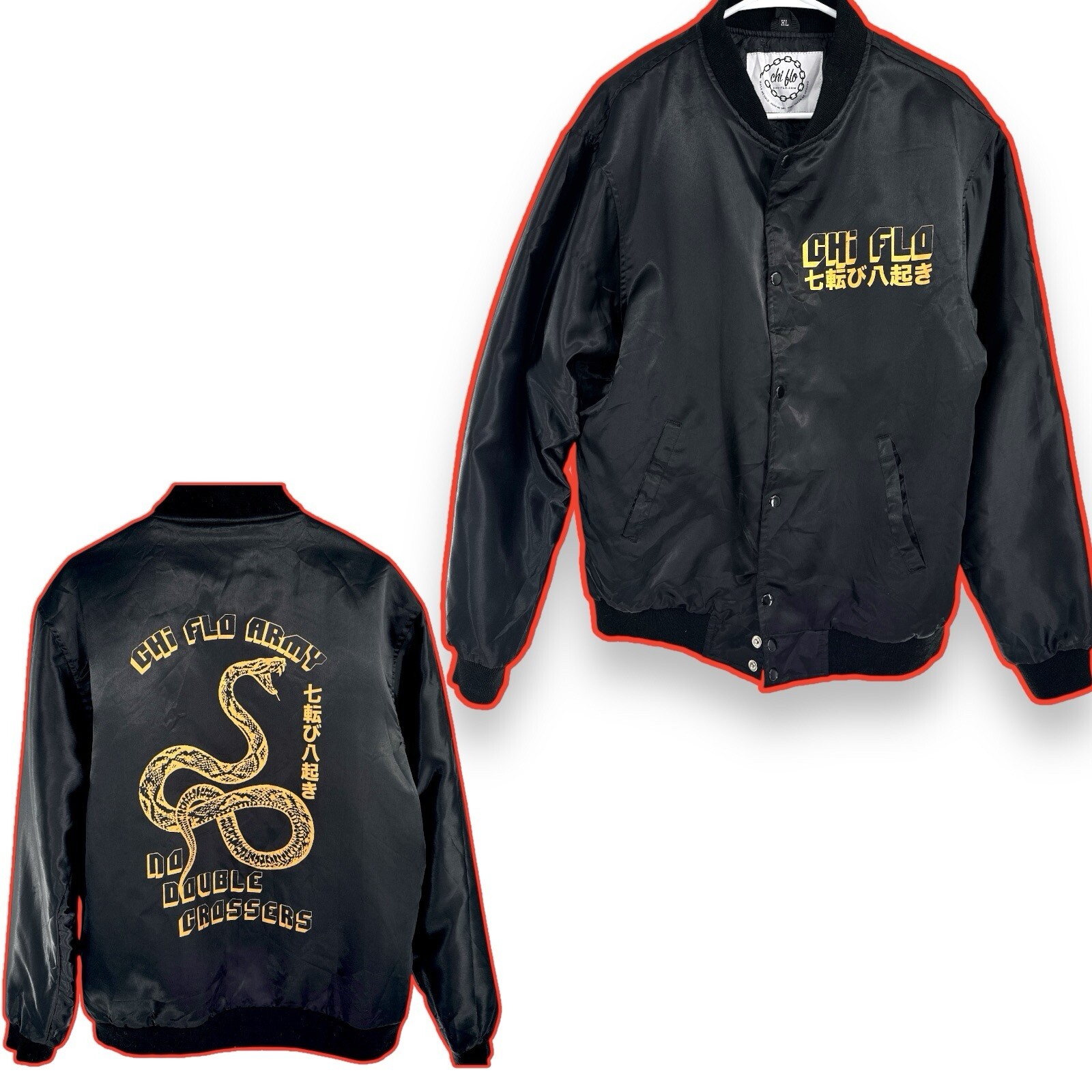 CHI FLO Army Rattlesnake Black Satin Bomber Jacket Adult Size XL Chicago Street gallery