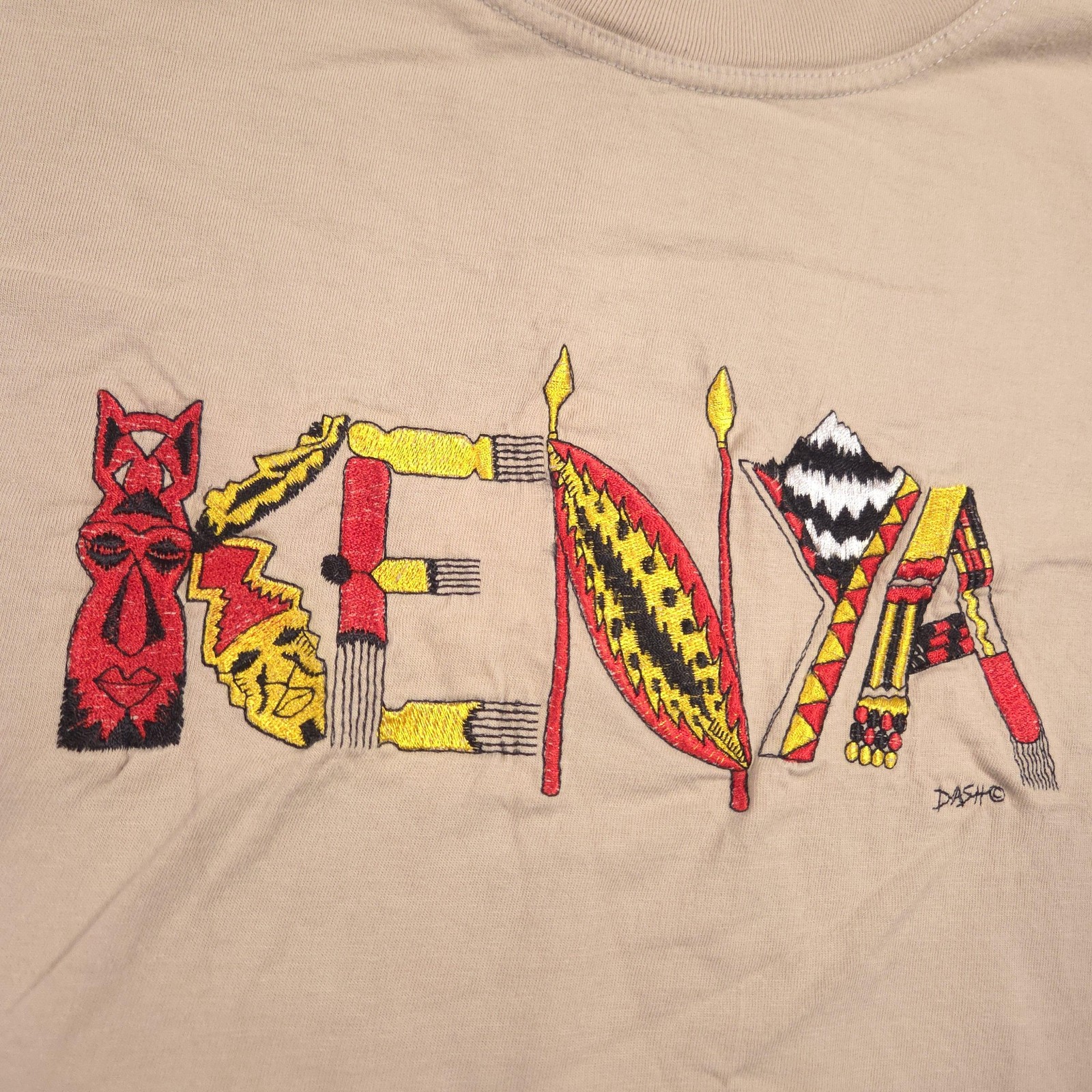 Dash Clothing Shirt Mens Large Beige Kenya Embroidered Graphic Tee Africa Travel gallery