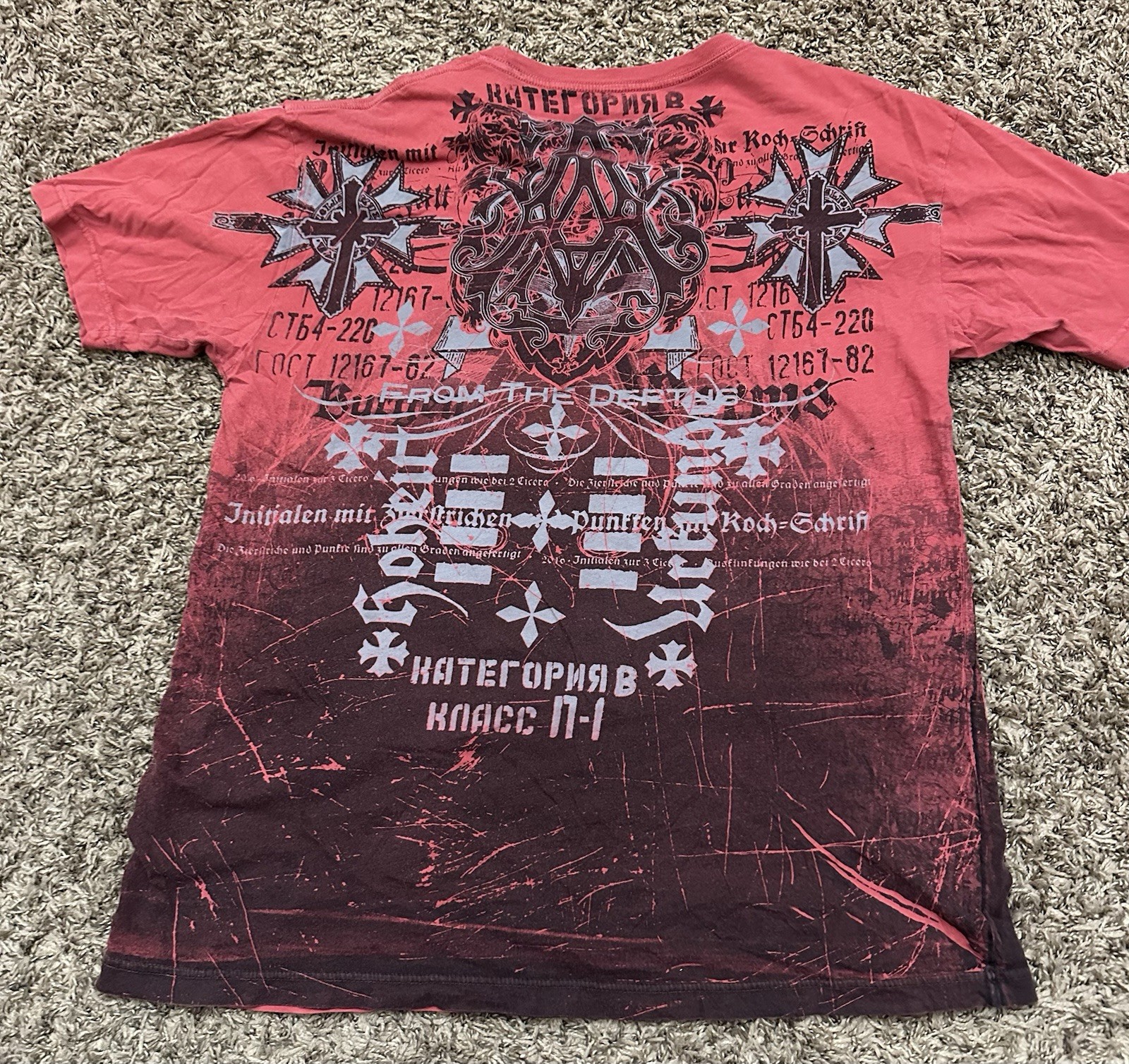 Archaic Affliction Shirt Red All Over Print Y2K Biker MMA Occult Punk Mens Sz XL gallery