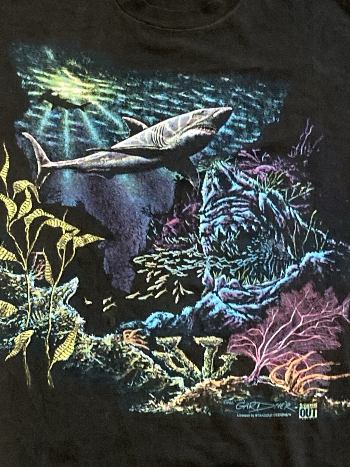 Vintage Stand Out Shirt Mens Large Black Shark Ocean Underwater Graphic 1993 USA gallery