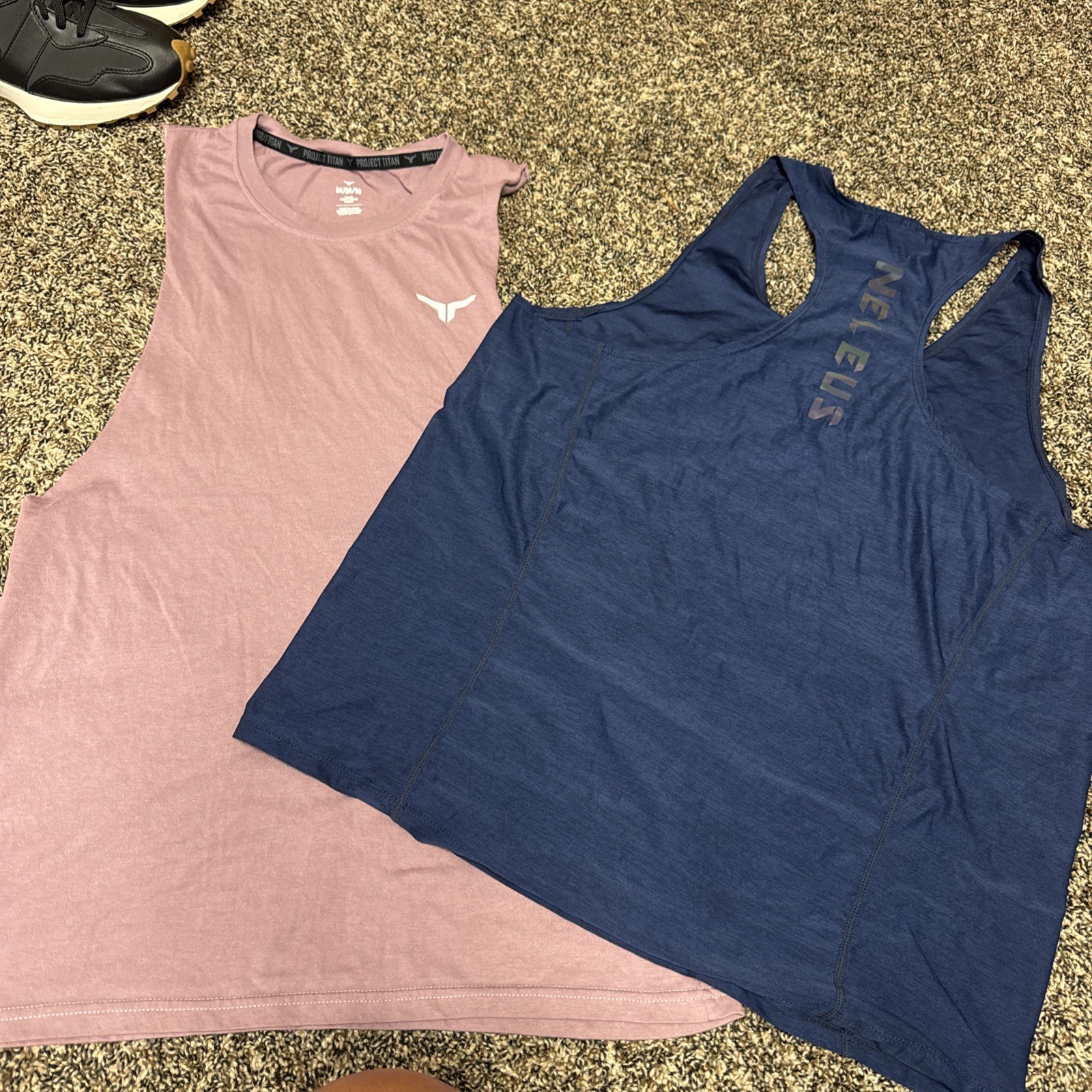 Mens L Neleus Dry Fit Muscle Stringer Tank Top Gym Navy & Mauve Project Titan M