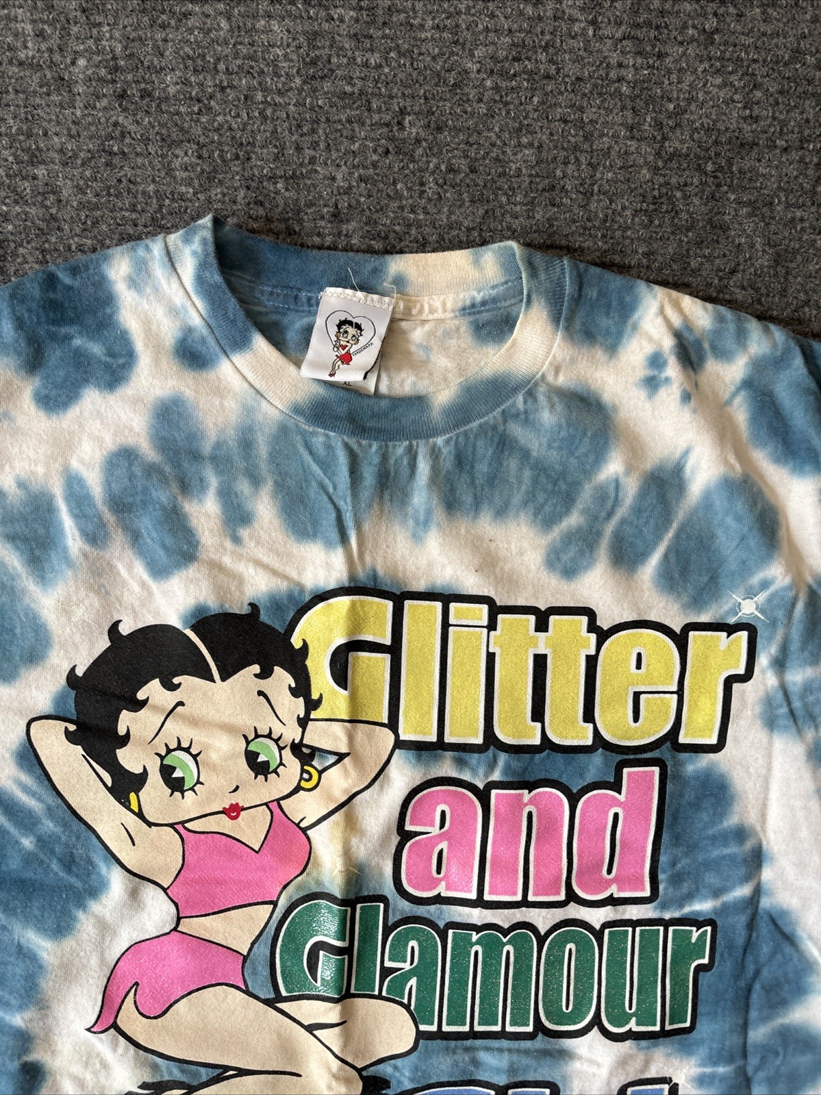 Vintage Betty Boop Glitter And Glamour Girl Blue & White Tie Dye Shirt XL 2002 gallery