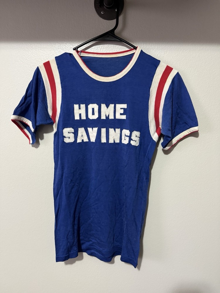 1960s Home Savings Blue Distressed Durene Ringer Jersey T-Shirt Flaws S
