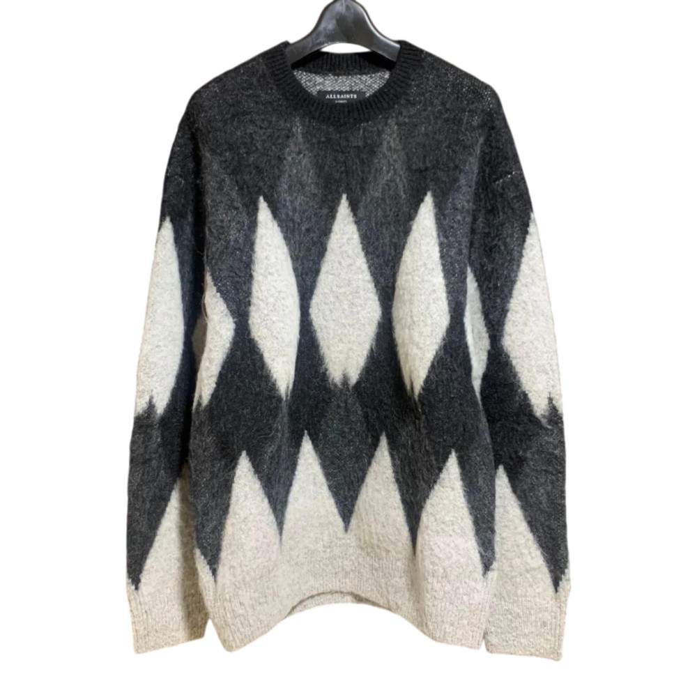 ALLSAINTS Argyle Wool Blend Crew Jumper Black Gray XS Relaxed Fit Used