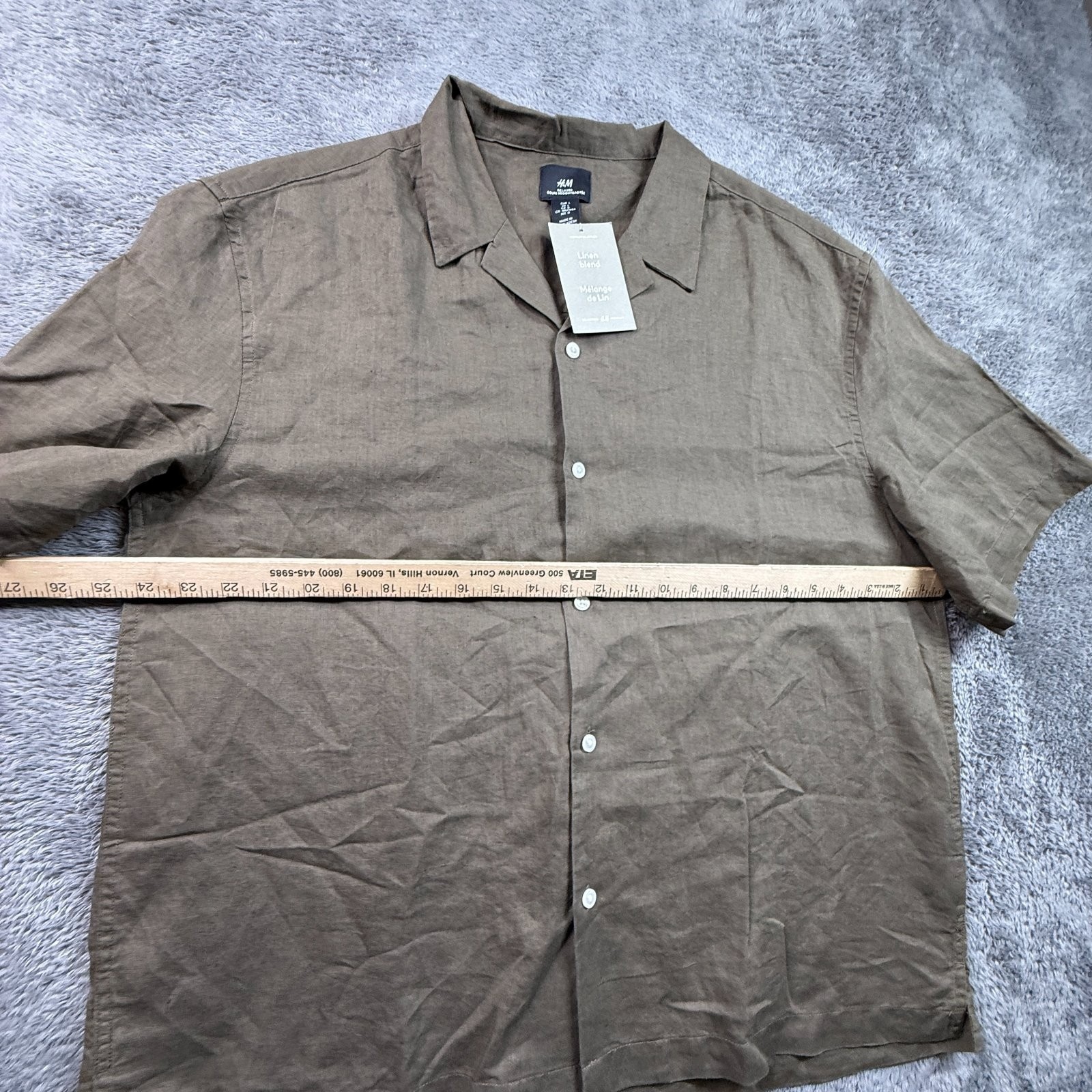 HM Men's L Linen Blend Button Up Short Sleeve Shirt Taupe Relaxed Boxy Fit gallery