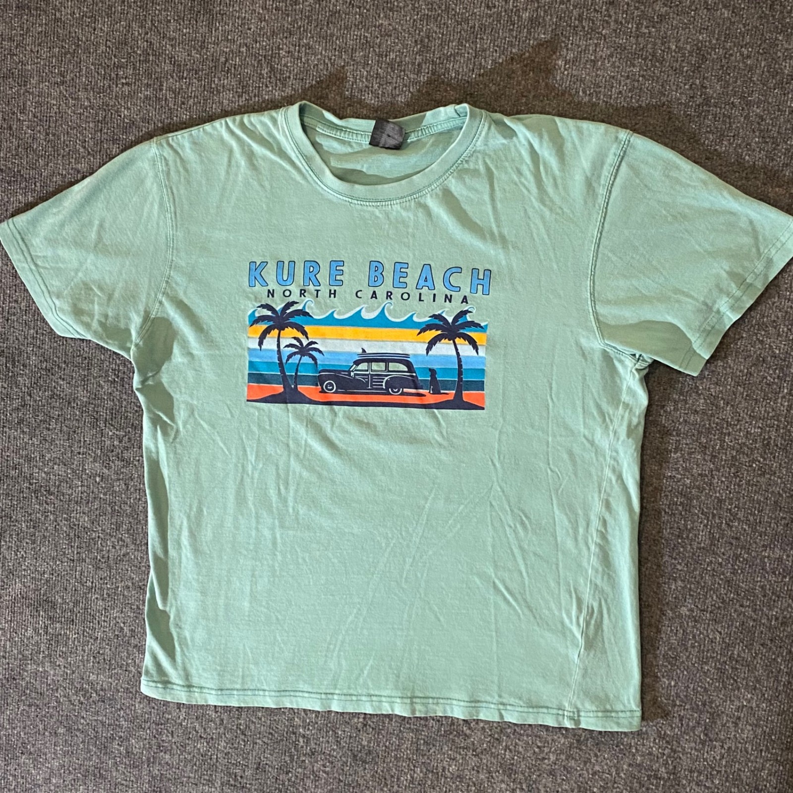 Kure Beach Shirt Mens L Mint Green Short Sleeve Graphic Surf North Carolina