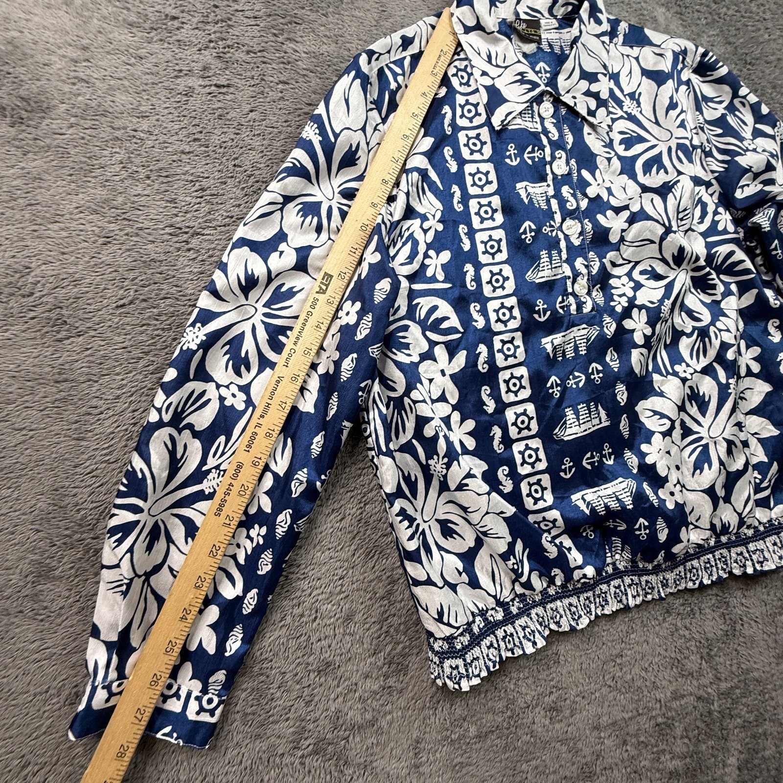 Vintage 80s Pyke Ltd Hawaiian Shirt Womens M Navy Blue Hibiscus Nautical Print gallery