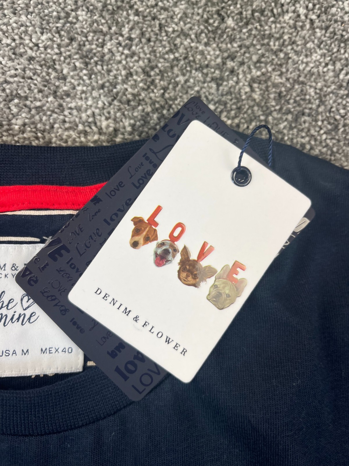 Denim & Flower Shirt Unisex Sz M Heart Crew Neck Short Sleeve Pullover Blue NWT gallery