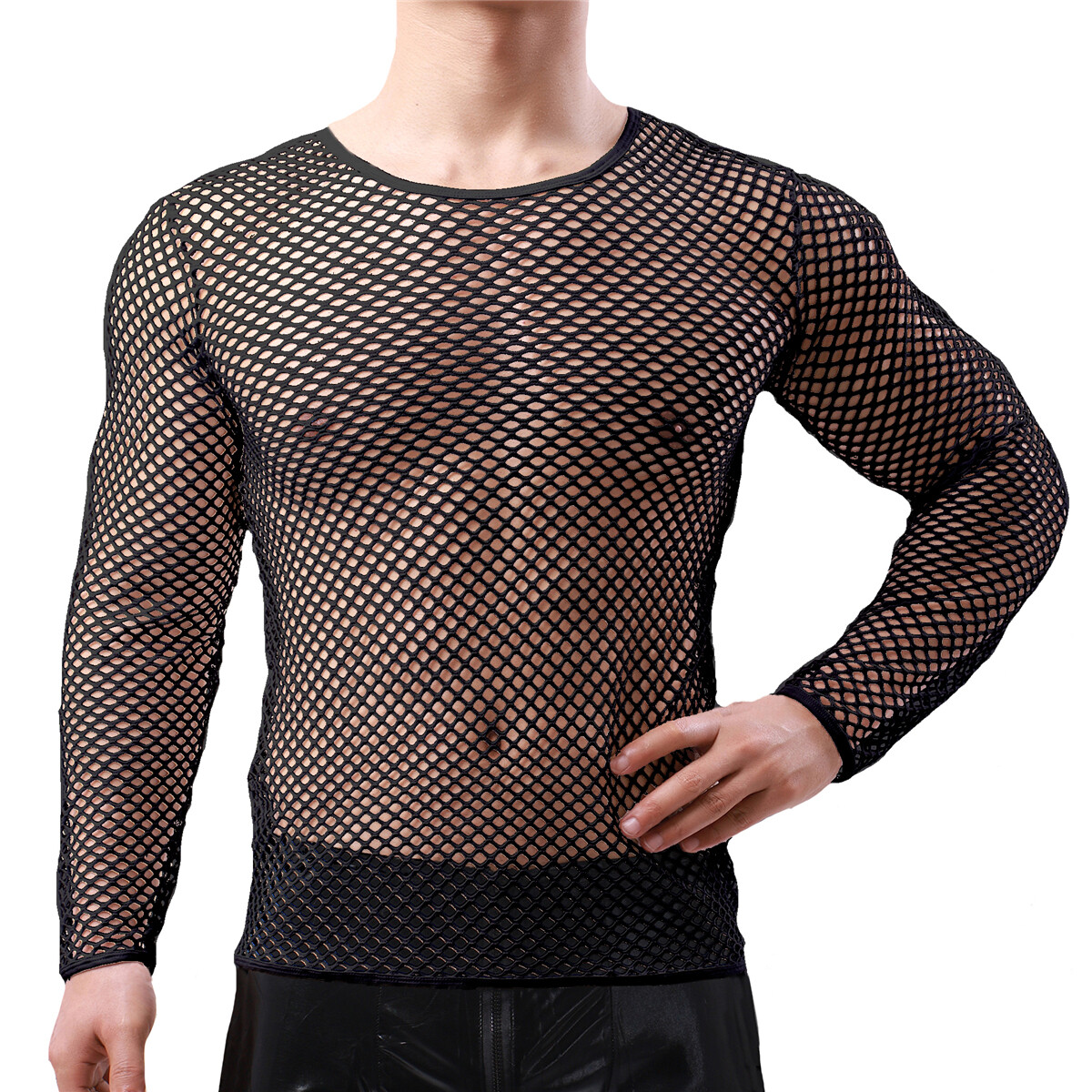Mens Fishnet Shirts Mesh Transparent Long-Sleeve Muscle T-Shirt Undershirt Tops gallery