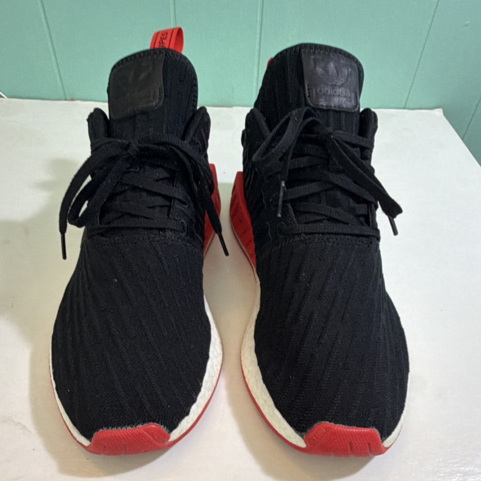 adidas NMD_R2 Primeknit BA7252 Core Black Red Lace Up Men’s Athletic Size 12