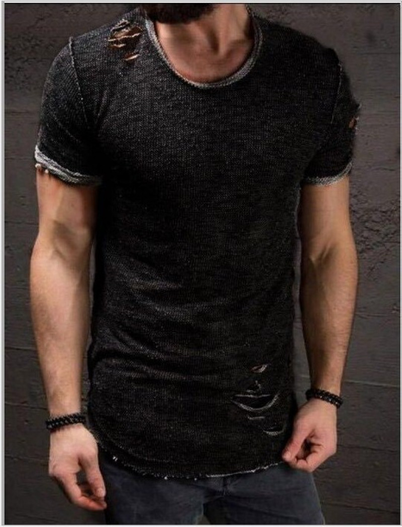 Men's Slim Fit O Neck Short Sleeve Muscle Tops Tee T-shirt Ripped Casual Blouse gallery