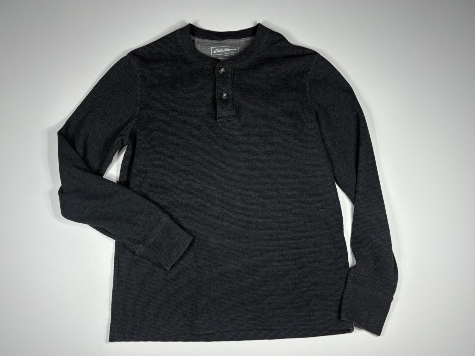 Eddie Bauer Thermal Henley Men M Gray Waffle Knit Outdoor Casual Layer Shirt