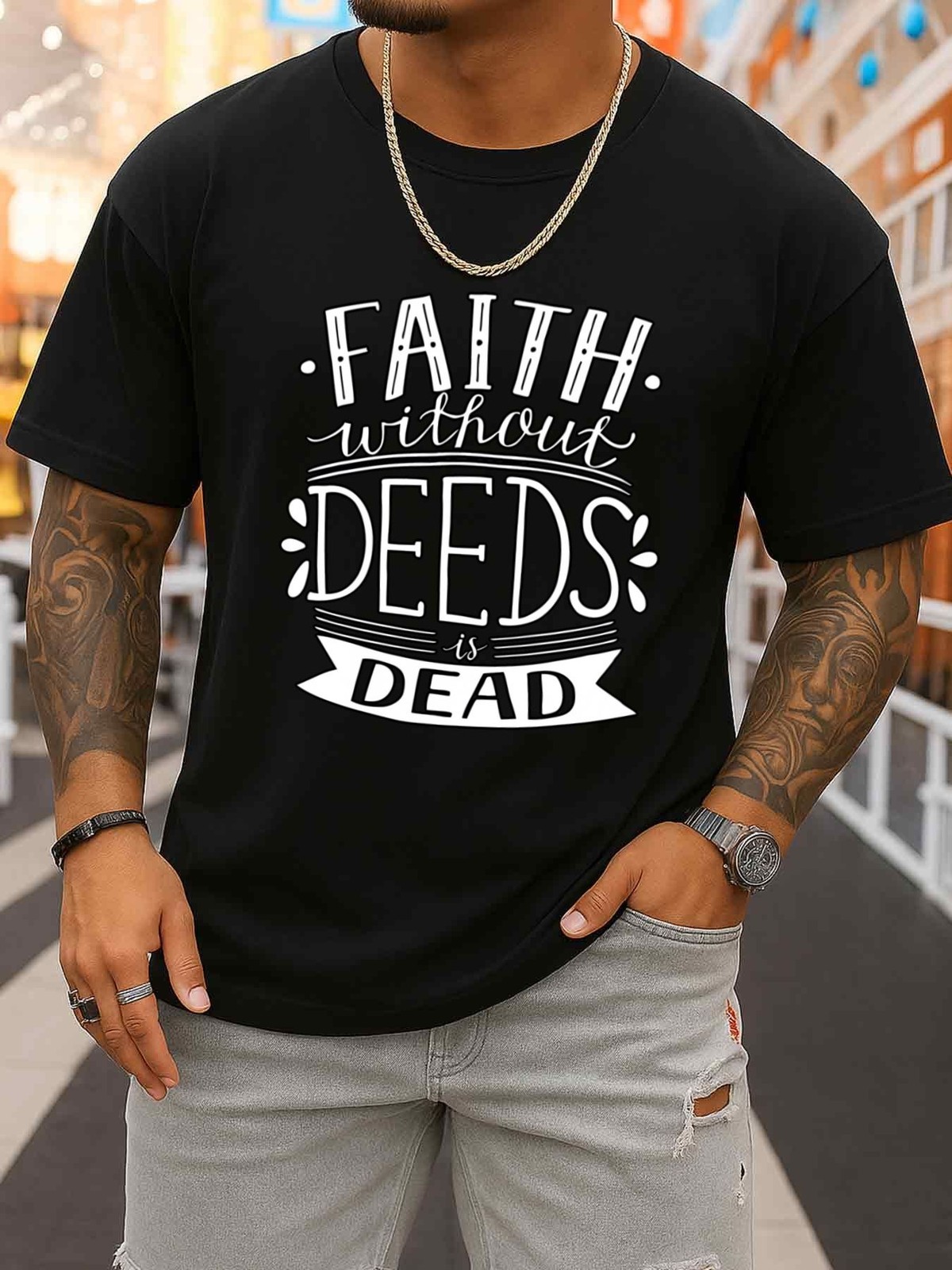 Men's Black T-Shirt with 'Faith Deeds Dead' Print - Breathable Slight Stretch gallery