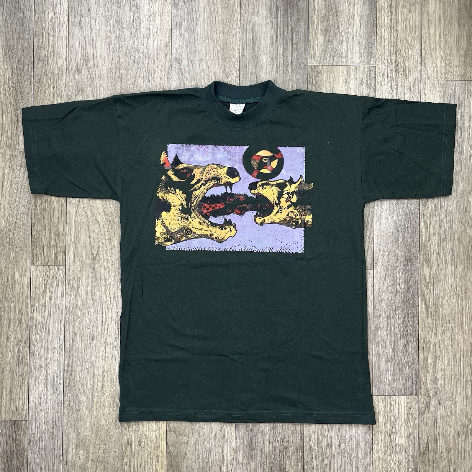 Vintage 90s Pub T-Shirt Size Large Green Crazy Obscure Dog Graphic Andy Warhol gallery