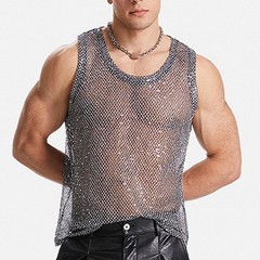 Men’s Glitter Sheer See Through Fishnet Tank Top Sexy Mesh Muscle Vest