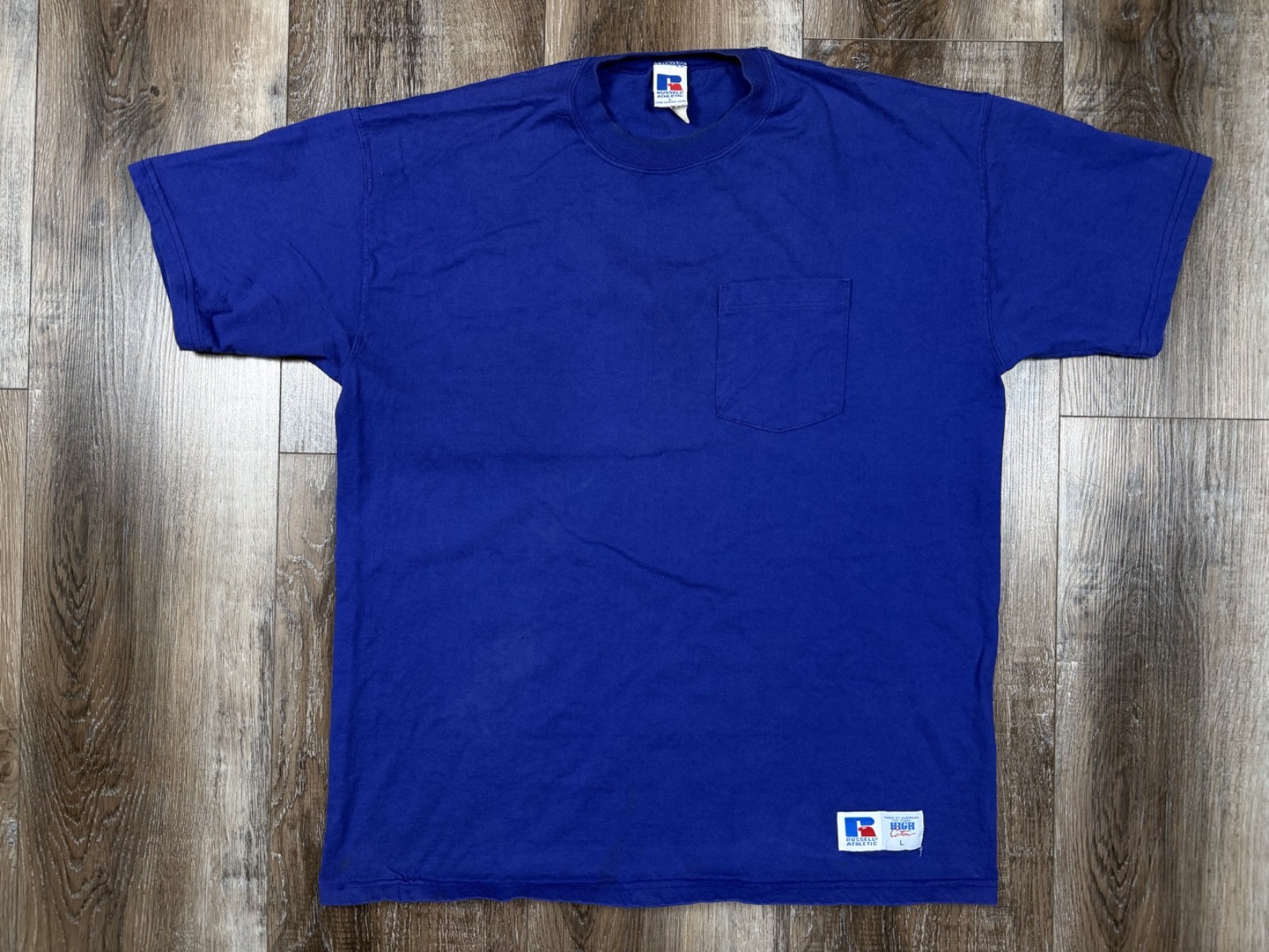 Vintage Russell Athletic T-Shirt Large Royal Blue High Cotton Pocket 90s