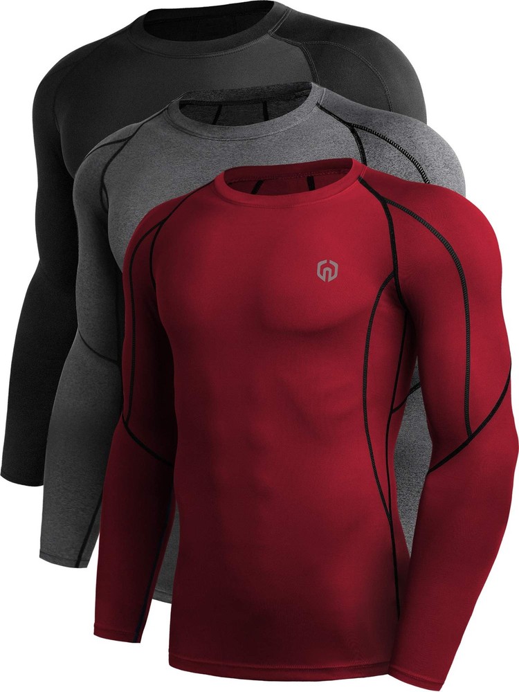 Men’s 3 Pack Compression Workout Long Sleeve Shirts,5030,Black,Grey,Red,3XL