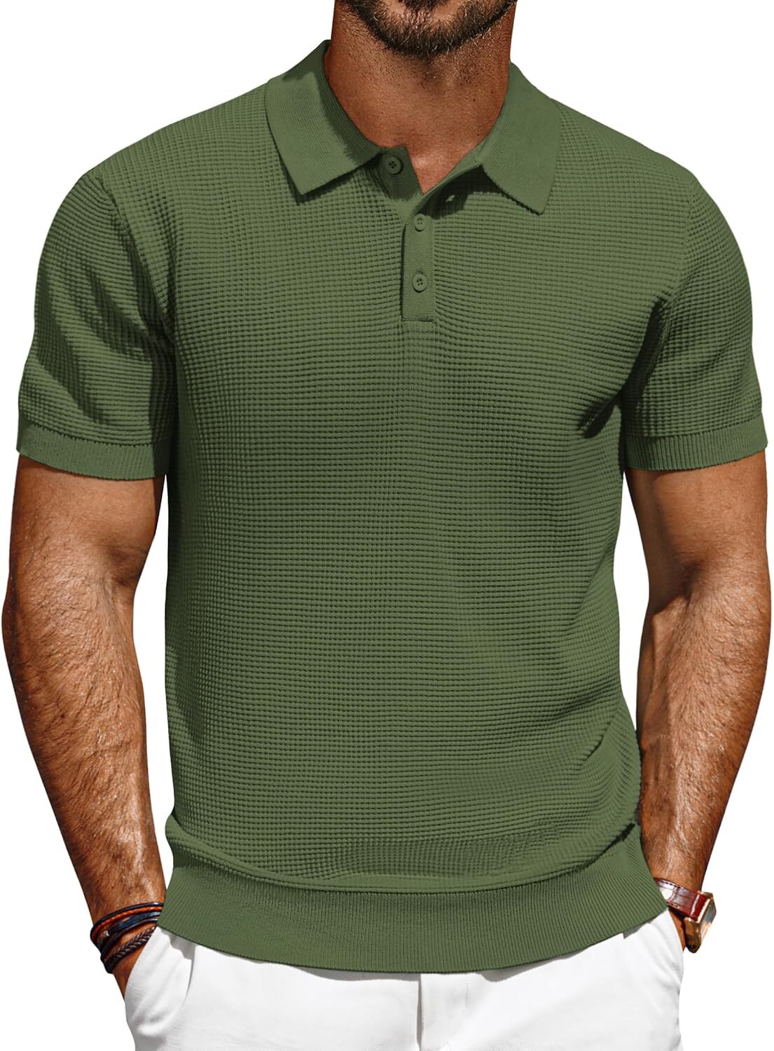 Men's Short Sleeve Polo Shirt Casual Golf Wear Lightweight Waffle Knit Fabric gallery