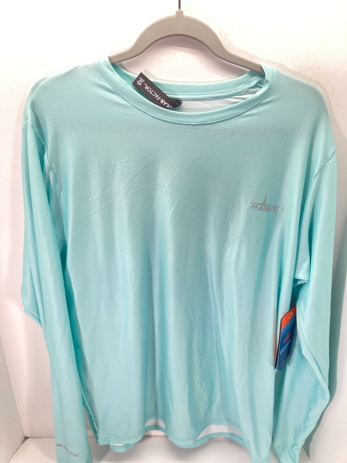 Habit Crooked ELM Graphic T-Shirt Mens M Aqua Blue Long Sleeve Solar Factor NWT