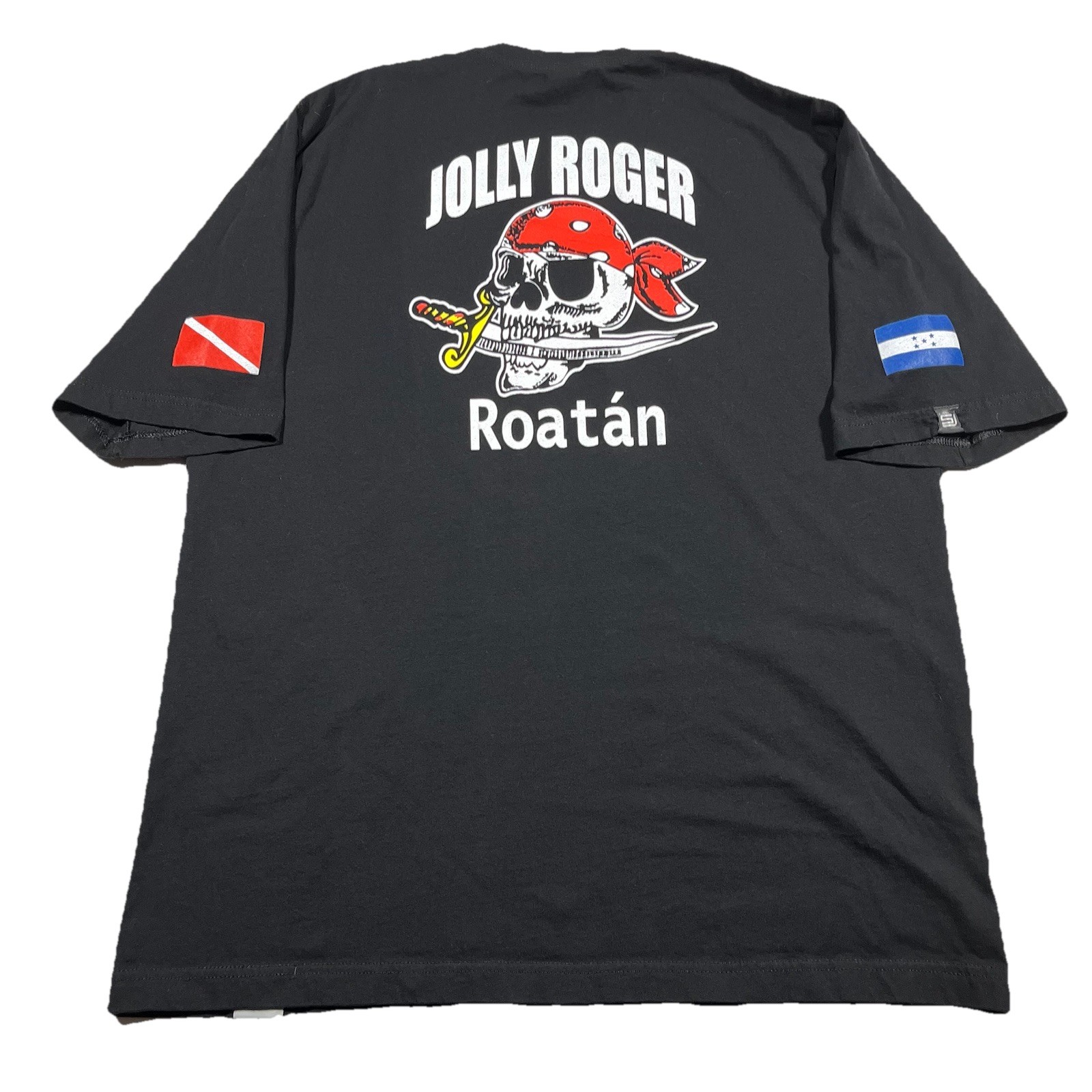 Jolly Roger Roatan Crew Scuba Diving Pirate T Shirt Black XL Double Sided