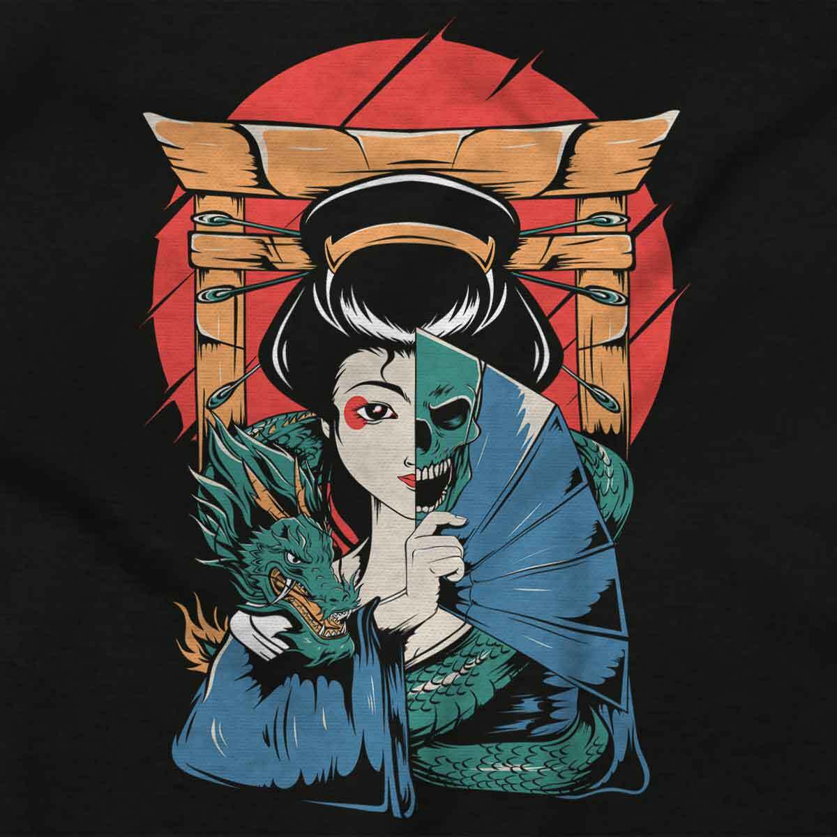 Traditional Geisha Split Face Skull Dragon Long Sleeve Tshirt for Men or Women gallery