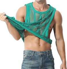 Men’s Muscle Undershirts Mesh Tank Tops Fishnet Striped Top Sleeveless See Thru