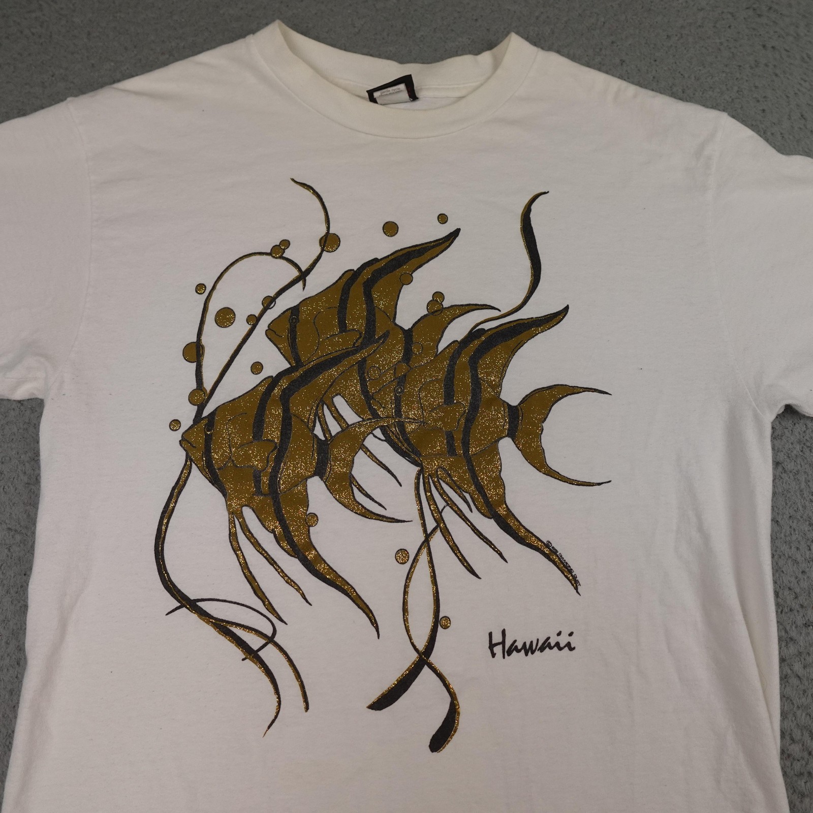Vintage Hawaii Shirt Mens Large White Angelfish Glitter Diamond Dust 90s USA gallery