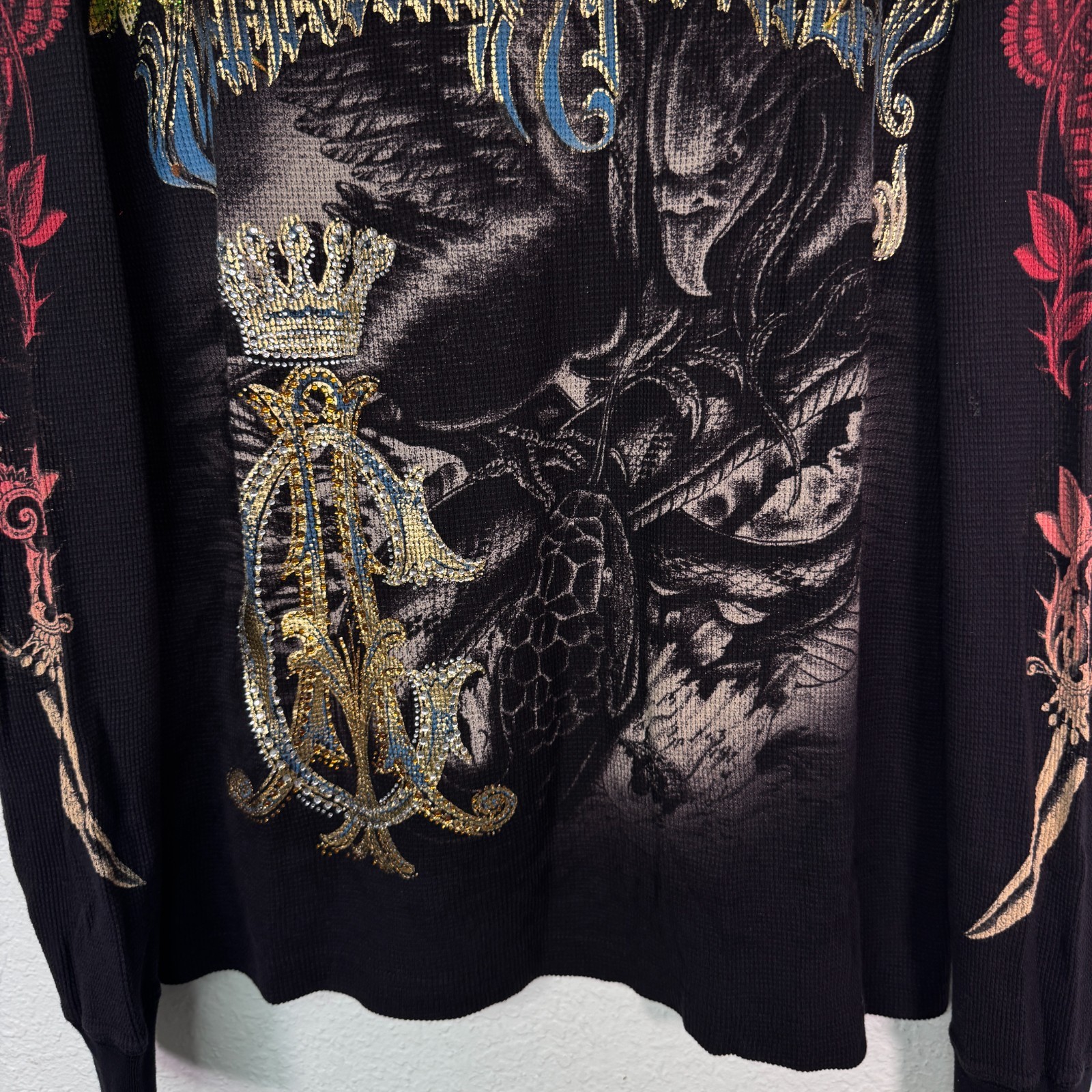 Christian Audigier Thermal Shirt Mens Large Skull Snake Eagle Battle Y2K Tattoo gallery